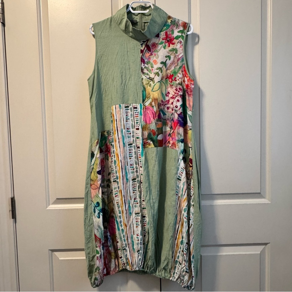 SHANA Apparel Sleeveless Patchwork Bohemian Bubble Cocoon Style Dress Mock Neck